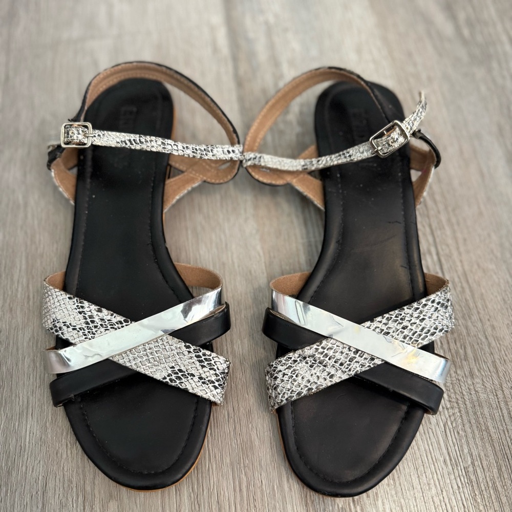 Eridani Black Leather  Snakeskin Embossed Women's Sandals